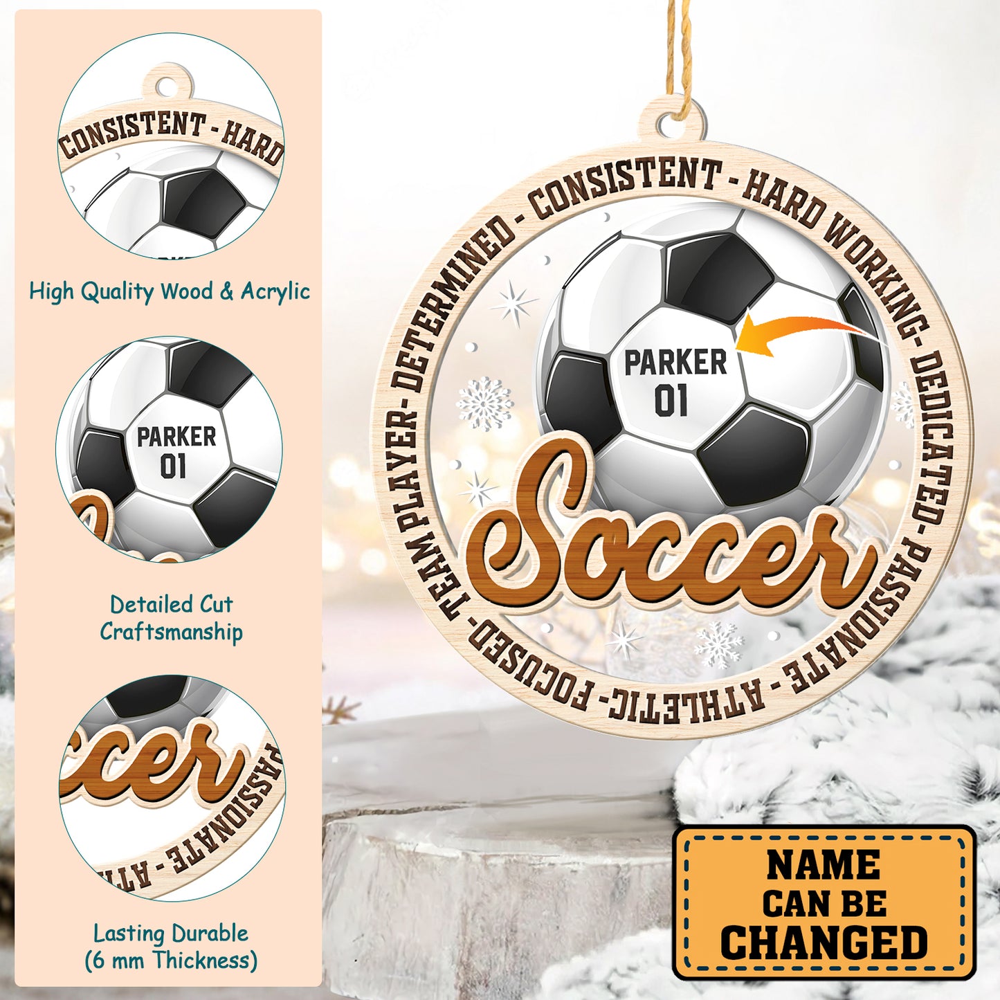 Personalized Soccer 2-Layer Wood & Acrylic Christmas Ornament