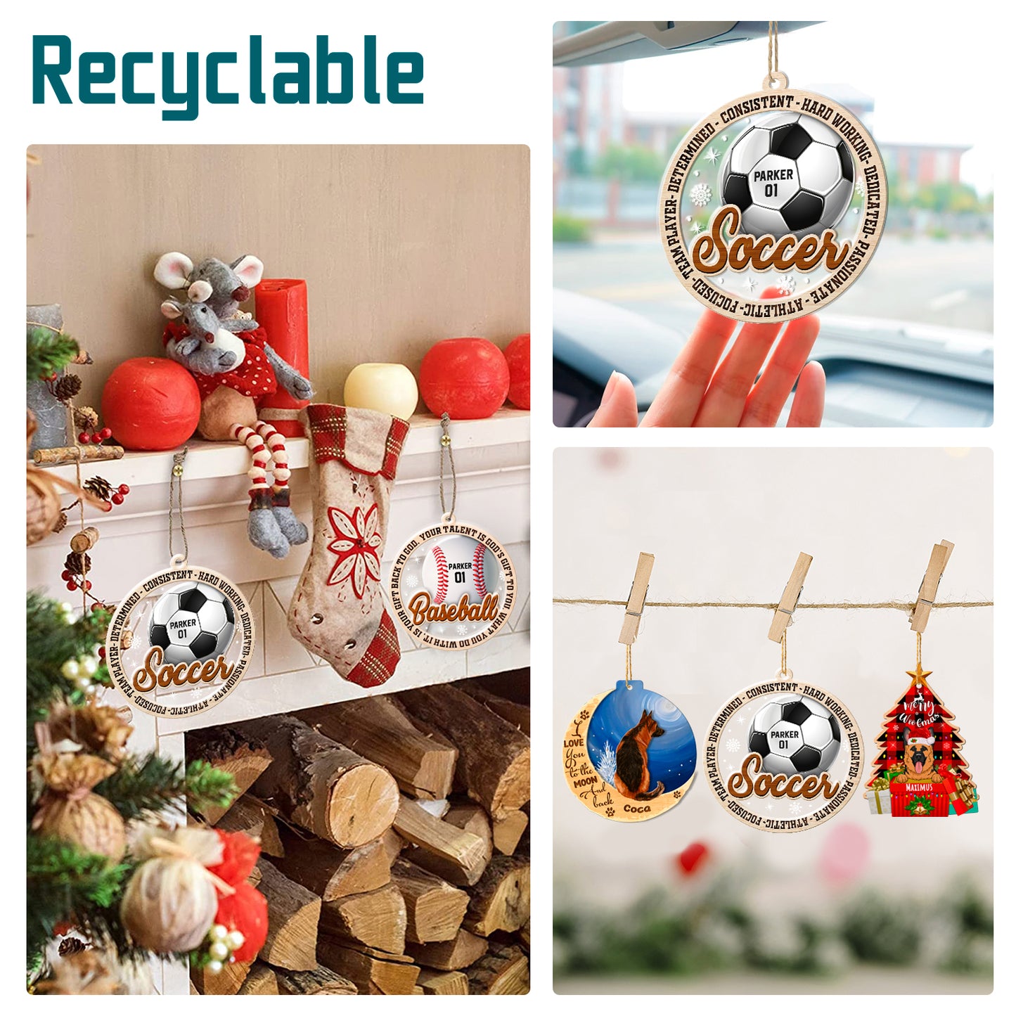 Personalized Soccer 2-Layer Wood & Acrylic Christmas Ornament