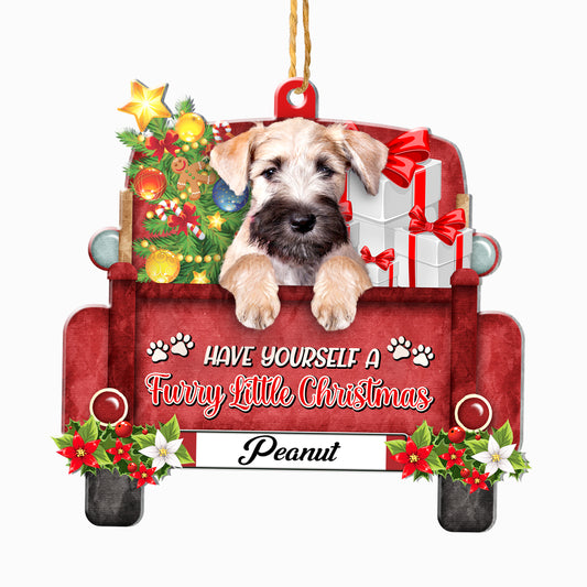 Personalized Soft Coated Wheaten Terrier Red Truck Christmas Aluminum Ornament