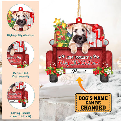 Personalized Soft Coated Wheaten Terrier Red Truck Christmas Aluminum Ornament