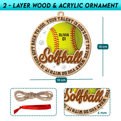 Personalized Softball 2-Layer Wood & Acrylic Christmas Ornament