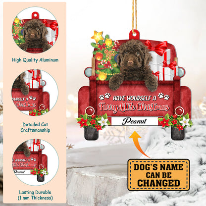 Personalized Spanish Water Dog Red Truck Christmas Aluminum Ornament