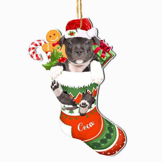 Personalized Black Staffordshire Bull Terrier In Christmas Stocking Aluminum Ornament