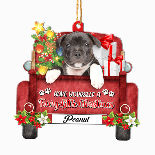 Personalized Black Staffordshire Bull Terrier Red Truck Christmas Aluminum Ornament
