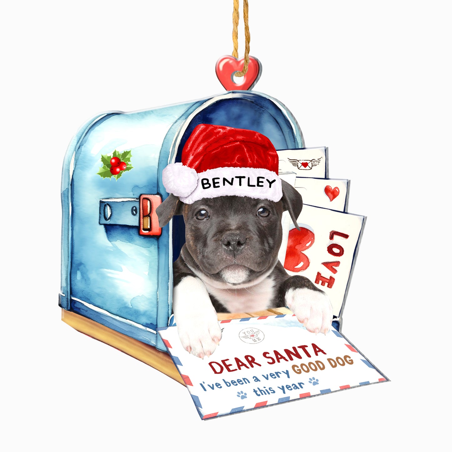 Personalized Black Staffordshire Bull Terrier In Mailbox Christmas Aluminum Ornament