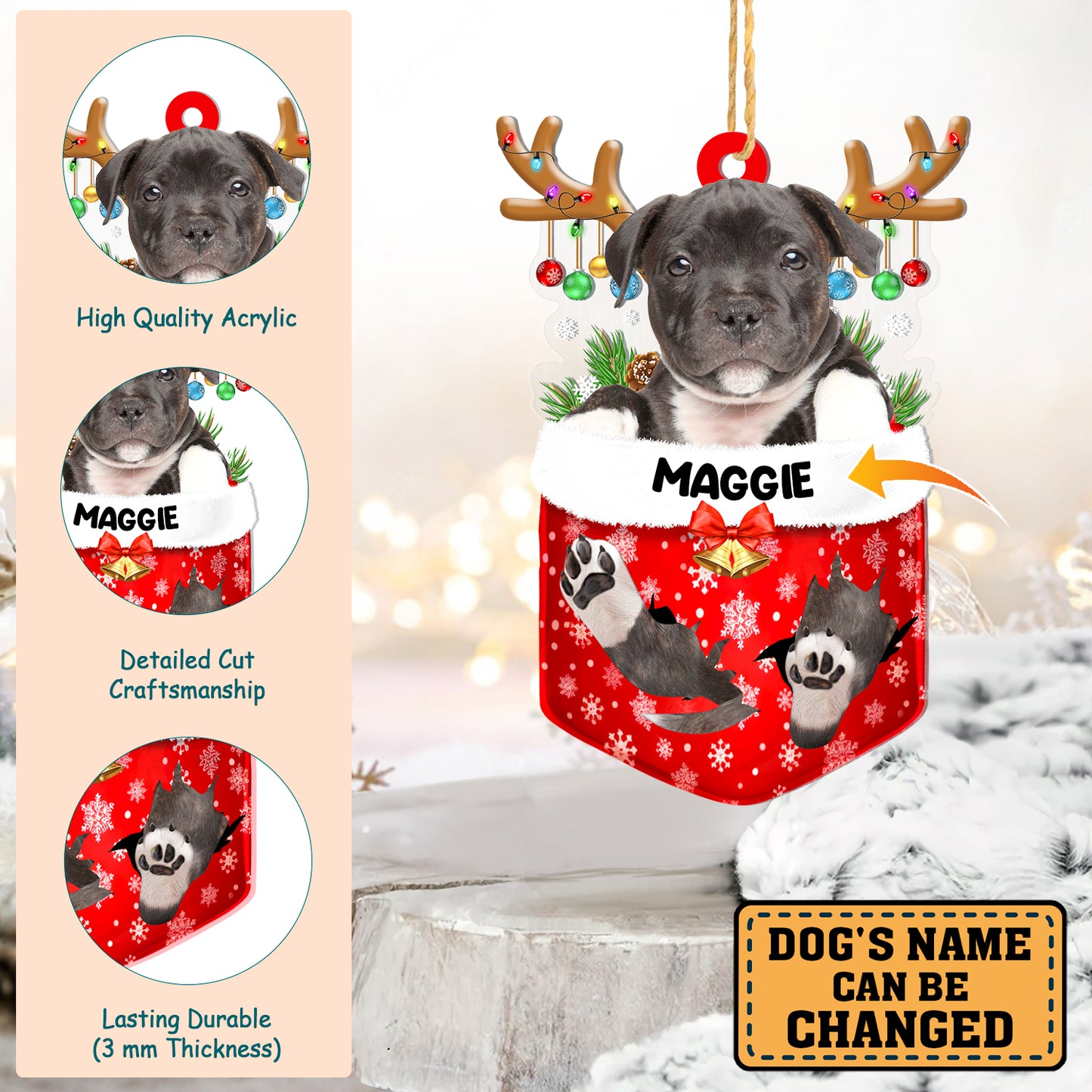 Personalized Black Staffordshire Bull Terrier In Snow Pocket Christmas Acrylic Ornament