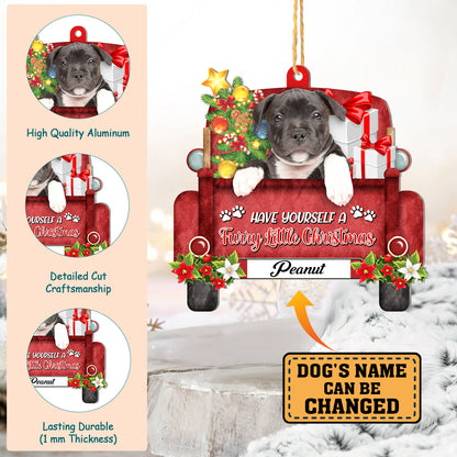 Personalized Black Staffordshire Bull Terrier Red Truck Christmas Aluminum Ornament