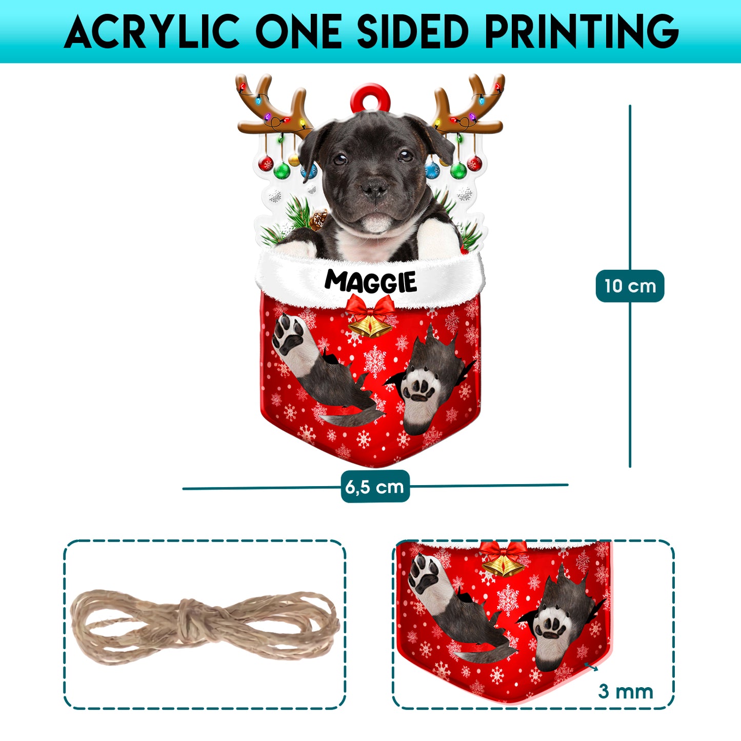 Personalized Black Staffordshire Bull Terrier In Snow Pocket Christmas Acrylic Ornament