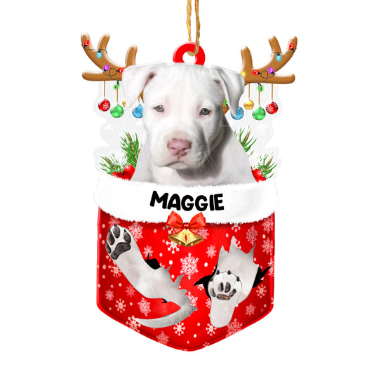 Personalized White Staffordshire Bull Terrier In Snow Pocket Christmas Acrylic Ornament