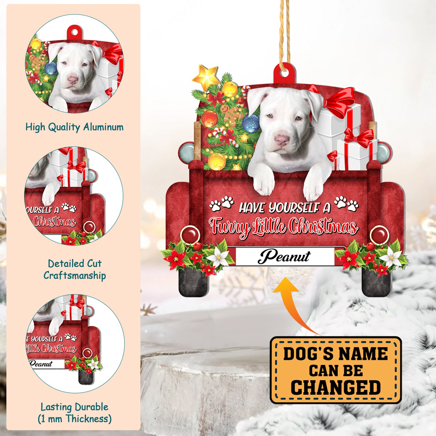 Personalized White Staffordshire Bull Terrier Red Truck Christmas Aluminum Ornament