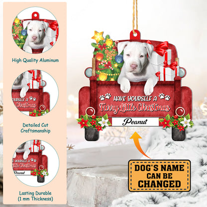 Personalized White Staffordshire Bull Terrier Red Truck Christmas Aluminum Ornament