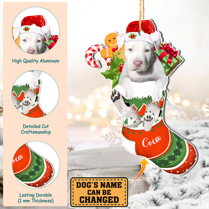 Personalized White Staffordshire Bull Terrier In Christmas Stocking Aluminum Ornament