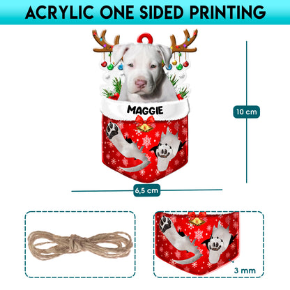 Personalized White Staffordshire Bull Terrier In Snow Pocket Christmas Acrylic Ornament