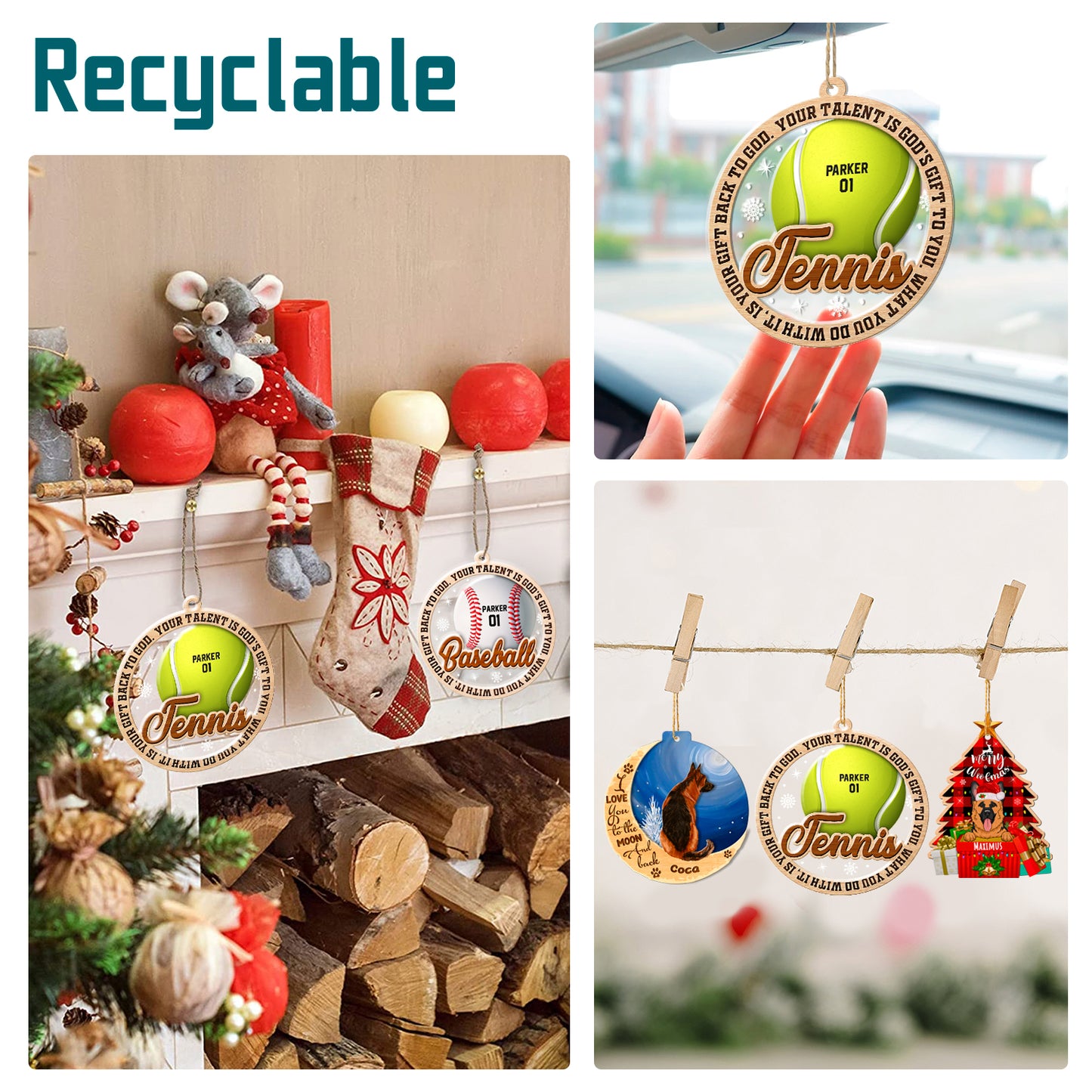 Personalized Tennis 2-Layer Wood & Acrylic Christmas Ornament