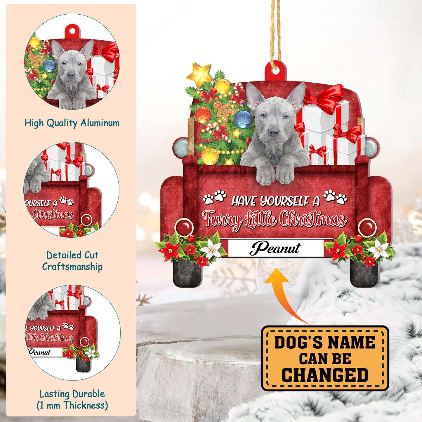 Personalized Thai Ridgeback Red Truck Christmas Aluminum Ornament