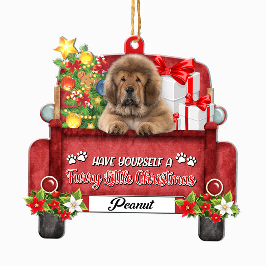 Personalized Tibetan Mastiff Red Truck Christmas Aluminum Ornament