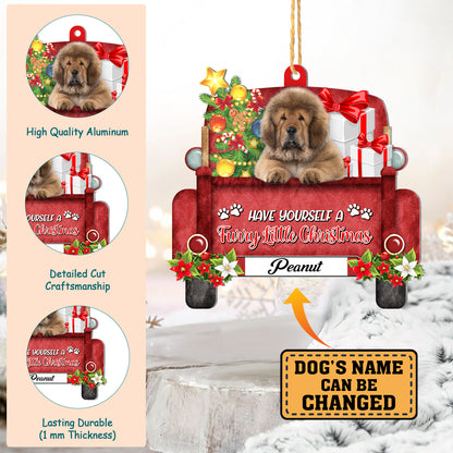 Personalized Tibetan Mastiff Red Truck Christmas Aluminum Ornament