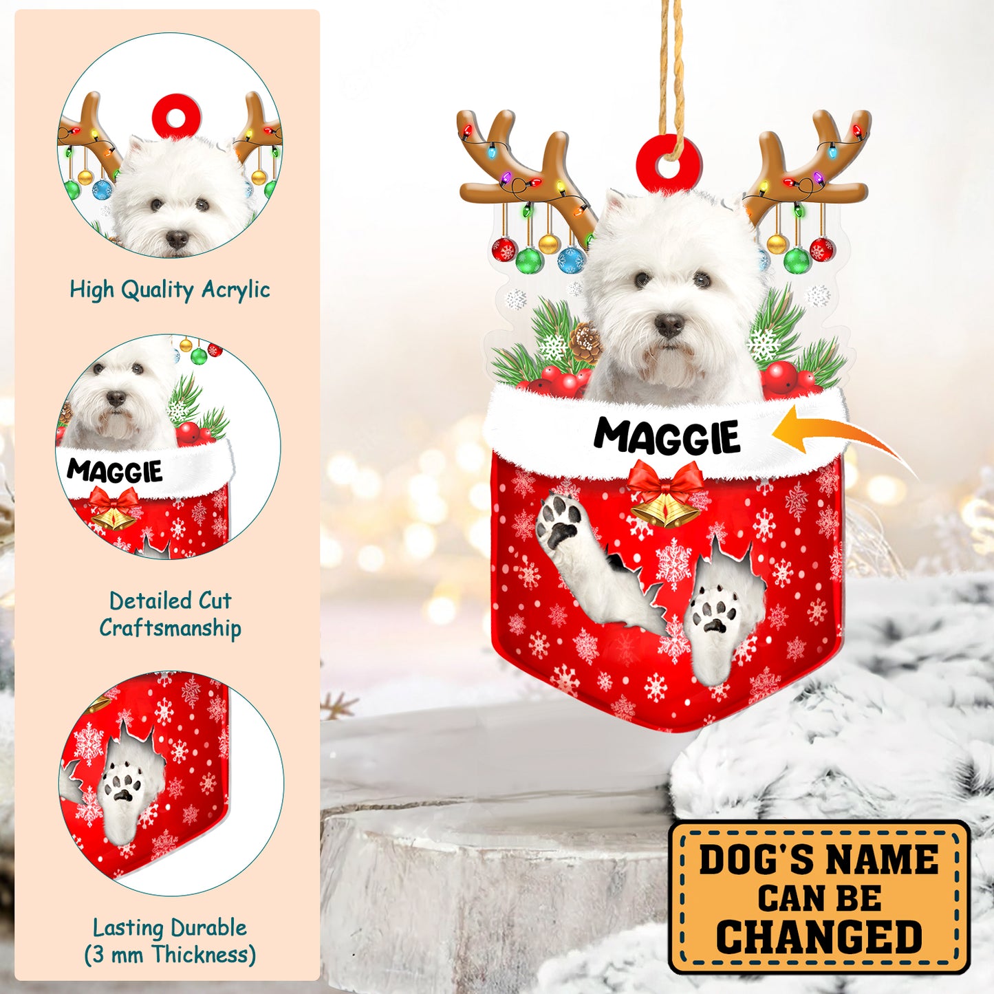 Personalized West Highland White Terrier In Snow Pocket Christmas Acrylic Ornament