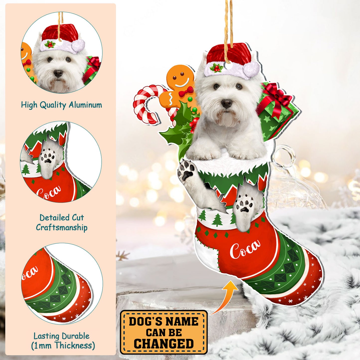 Personalized West Highland White Terrier In Christmas Stocking Aluminum Ornament