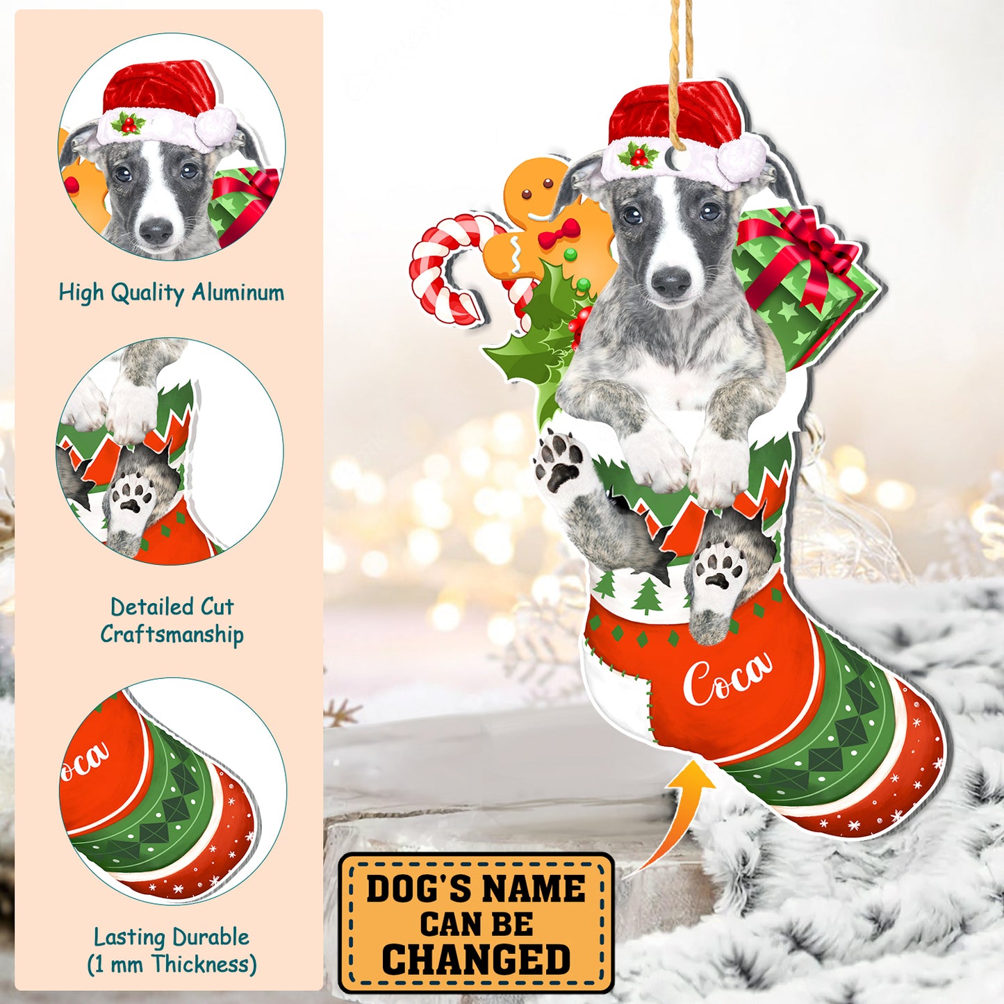 Personalized Whippet In Christmas Stocking Aluminum Ornament