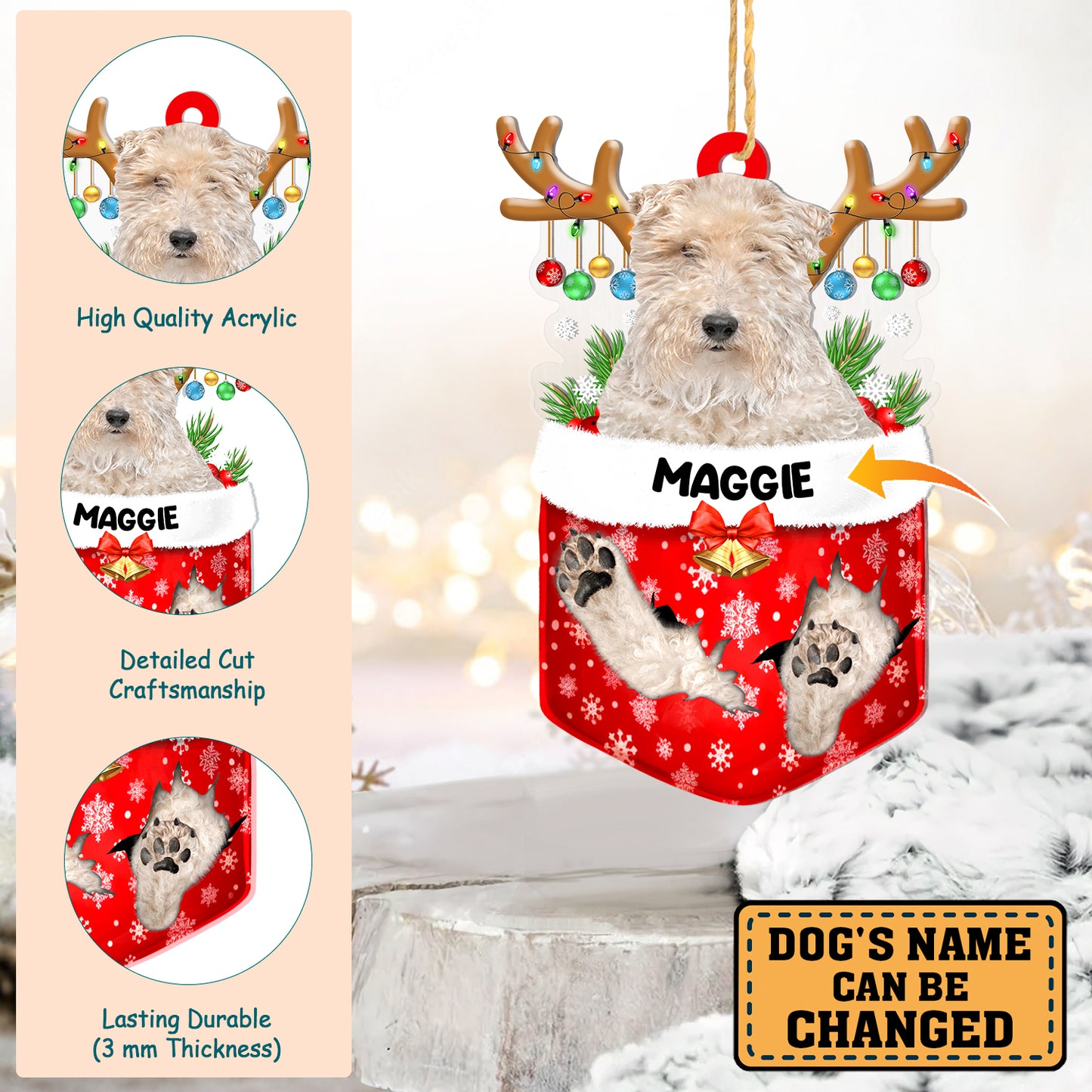 Personalized Wire Fox Terrier In Snow Pocket Christmas Acrylic Ornament