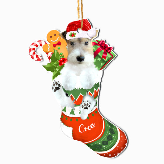 Personalized White Wire Fox Terrier In Christmas Stocking Aluminum Ornament