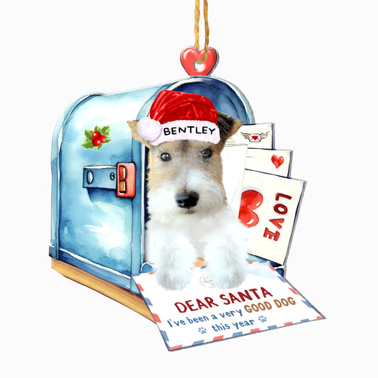 Personalized White Wire Fox Terrier In Mailbox Christmas Aluminum Ornament