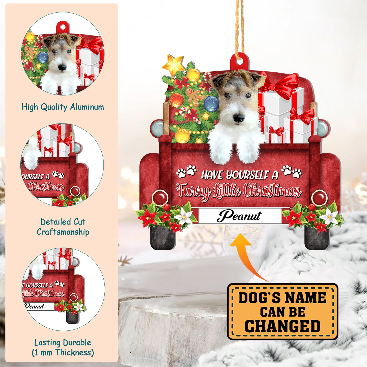 Personalized White Wire Fox Terrier Red Truck Christmas Aluminum Ornament