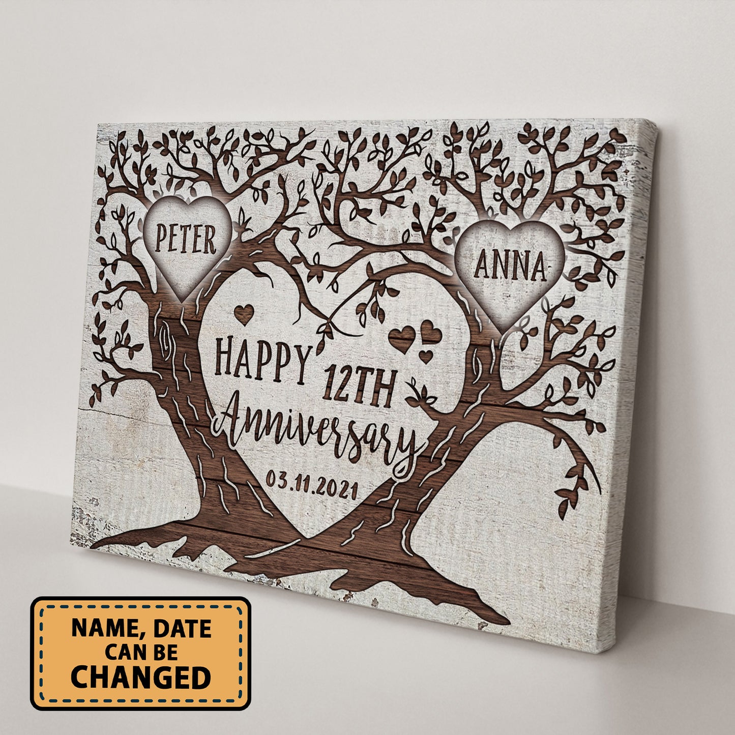 Happy 12th Anniversary Tree Heart Anniversary Personalized Canvas