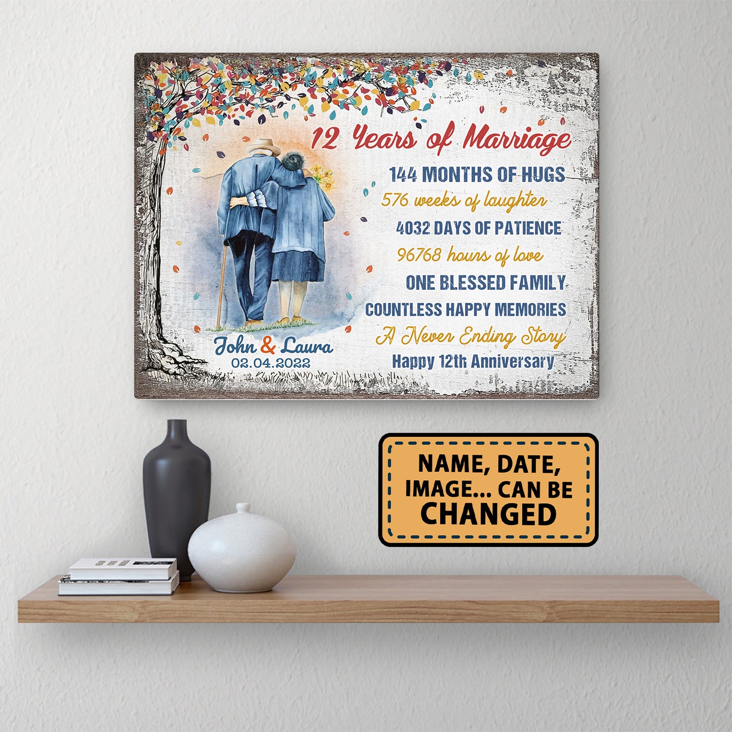 12 Years Of Marriage Tree Colorful Personalizedwitch Canvas