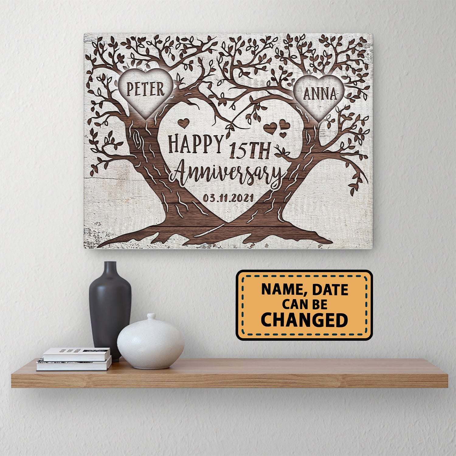 Happy 15th Anniversary Tree Heart Anniversary Personalized Canvas