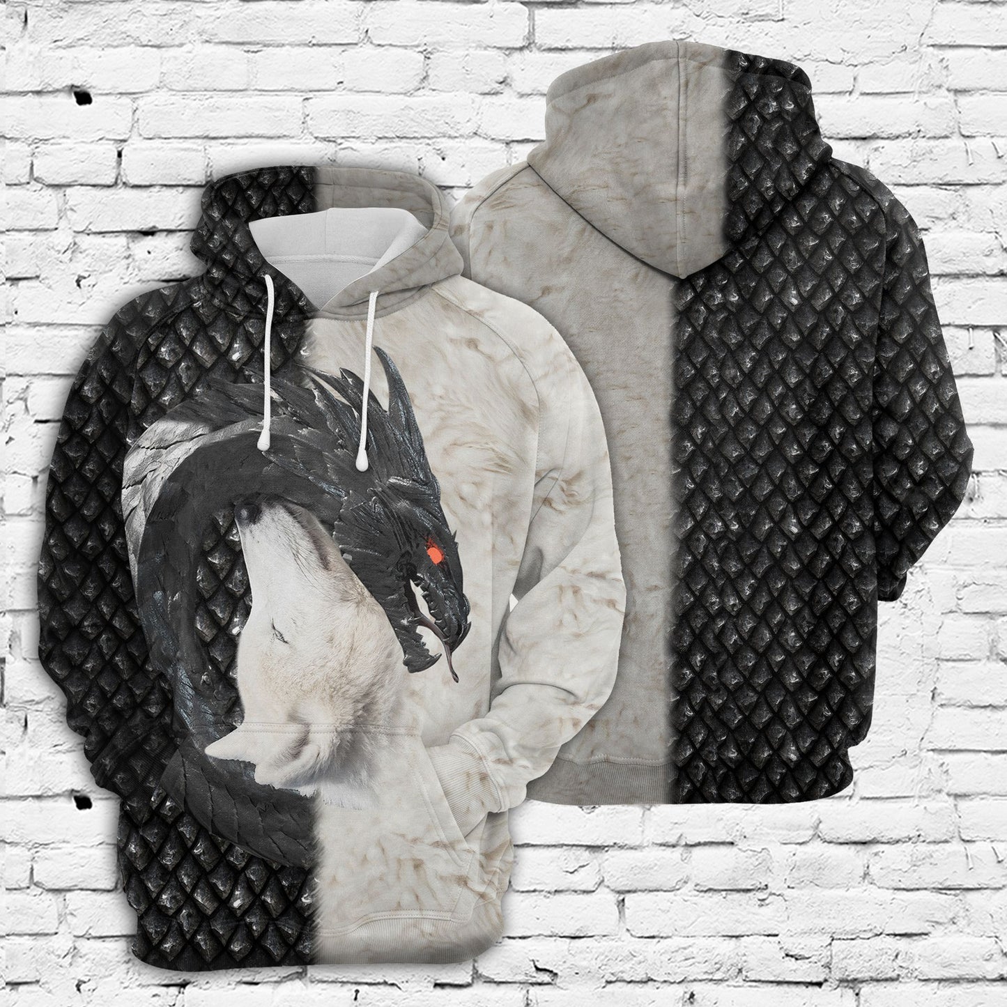 Black Dragon and White Wolf H214 - All Over Print Unisex Hoodie