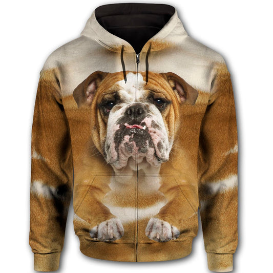 Bulldog Cute Dog Face T284 - All Over Print Zip Hoodie