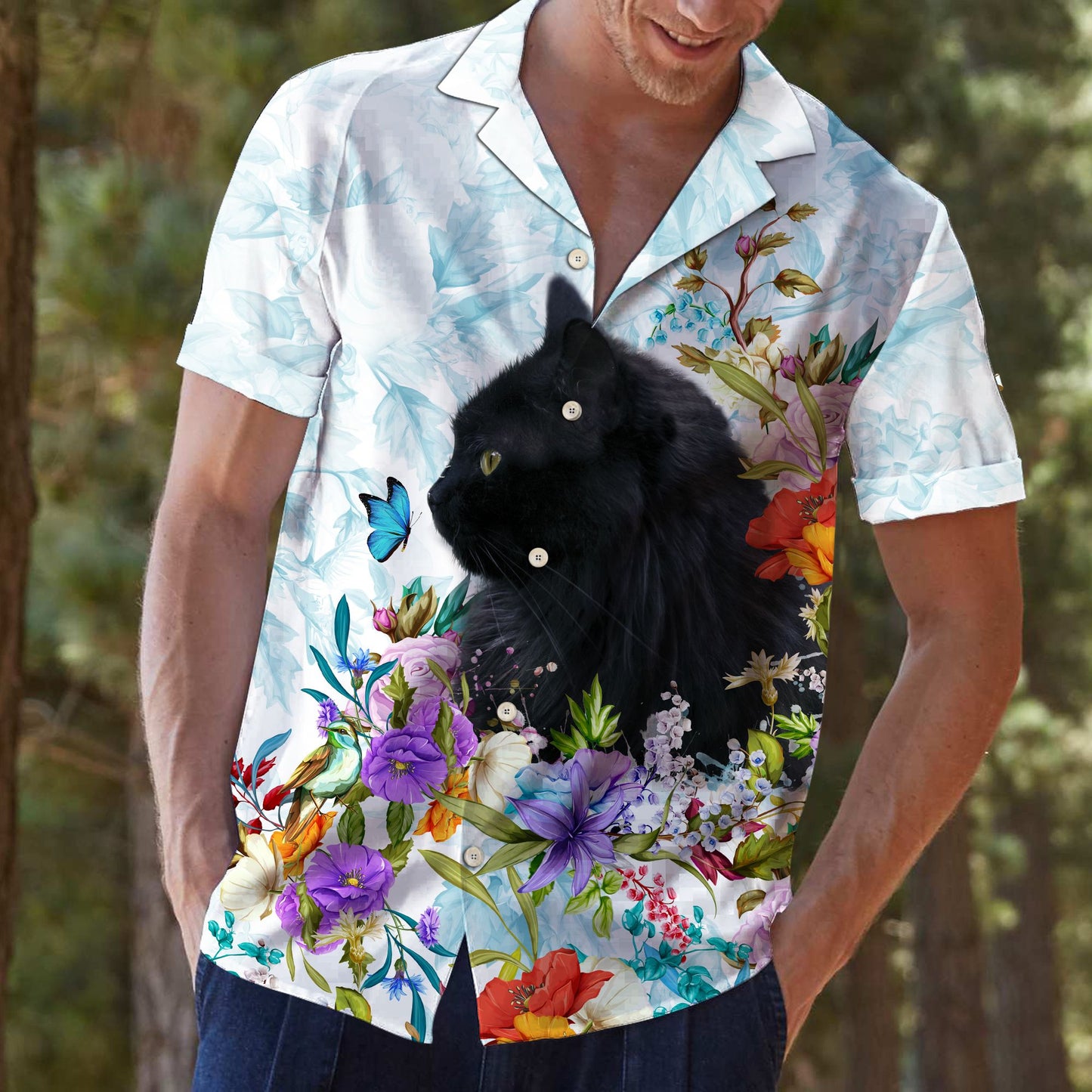 Black Cat Floral T0207 - Hawaii Shirt
