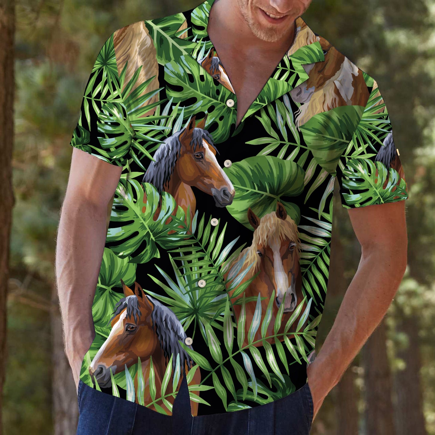 Horse Green Tropical Leaves G5702 - Hawaii Shirt
