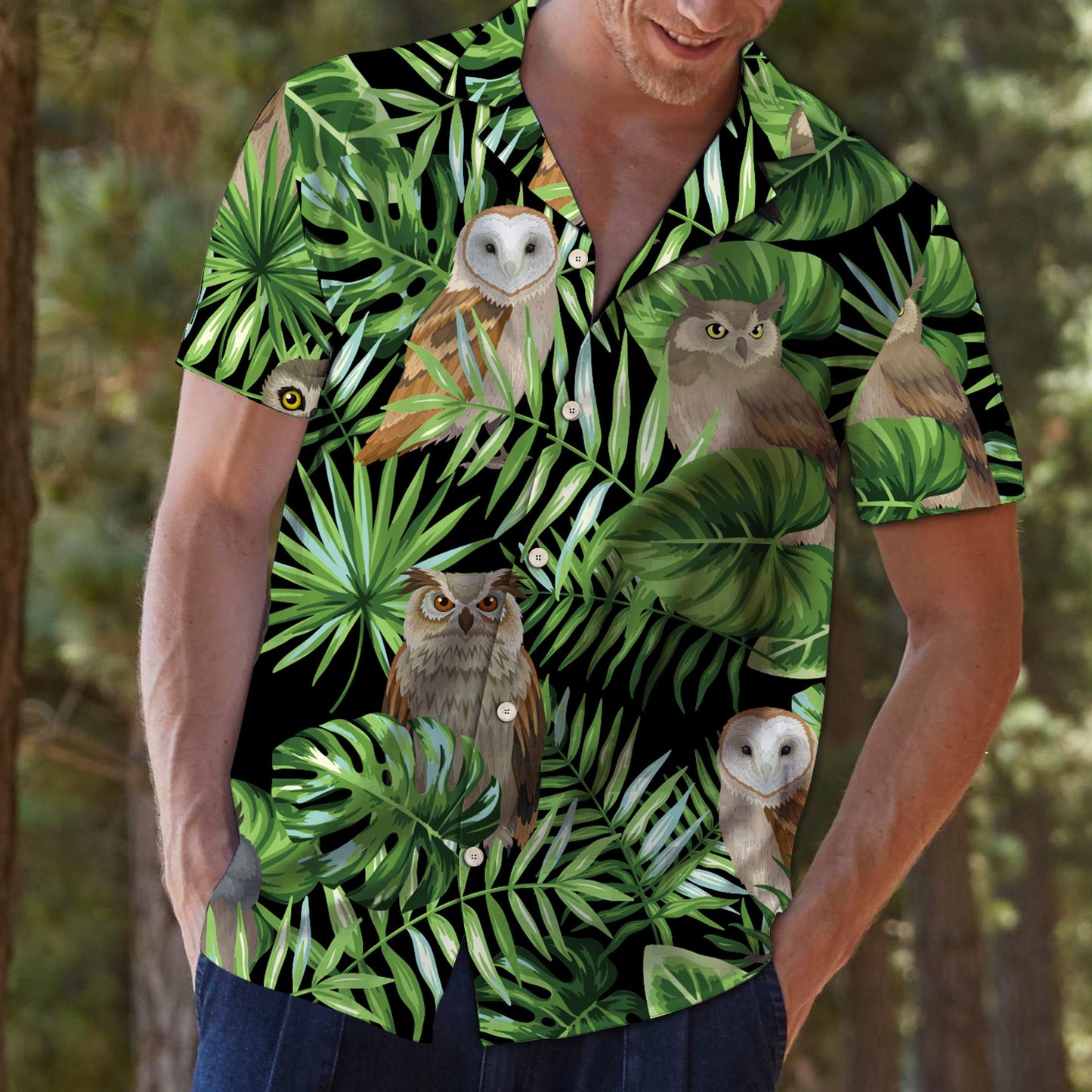 Owl Green Tropical Leaves G5702 - Hawaii Shirt
