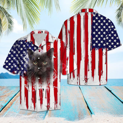 Black Cat US Flag Pattern G5703 - Hawaii Shirt