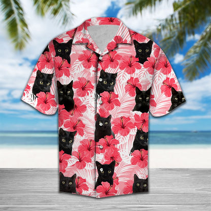 Tropical Flowers Hibiscus Black Cat H87086 - Hawaii Shirt