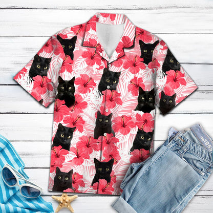 Tropical Flowers Hibiscus Black Cat H87086 - Hawaii Shirt