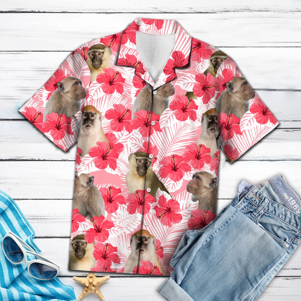 Tropical Flowers Hibiscus Monkey Hawaiian Shirt For Men, Hawaiian