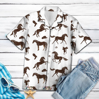 Amazing Brown Horses And Cowboy Western Equipment HT13702 - Hawaii Shirt