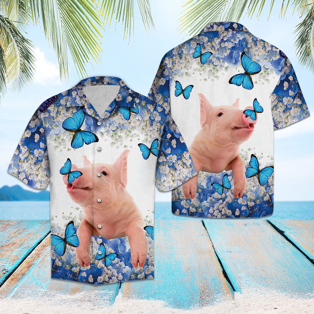 Pig Blue and White Flower G5717 - Hawaiian Shirt