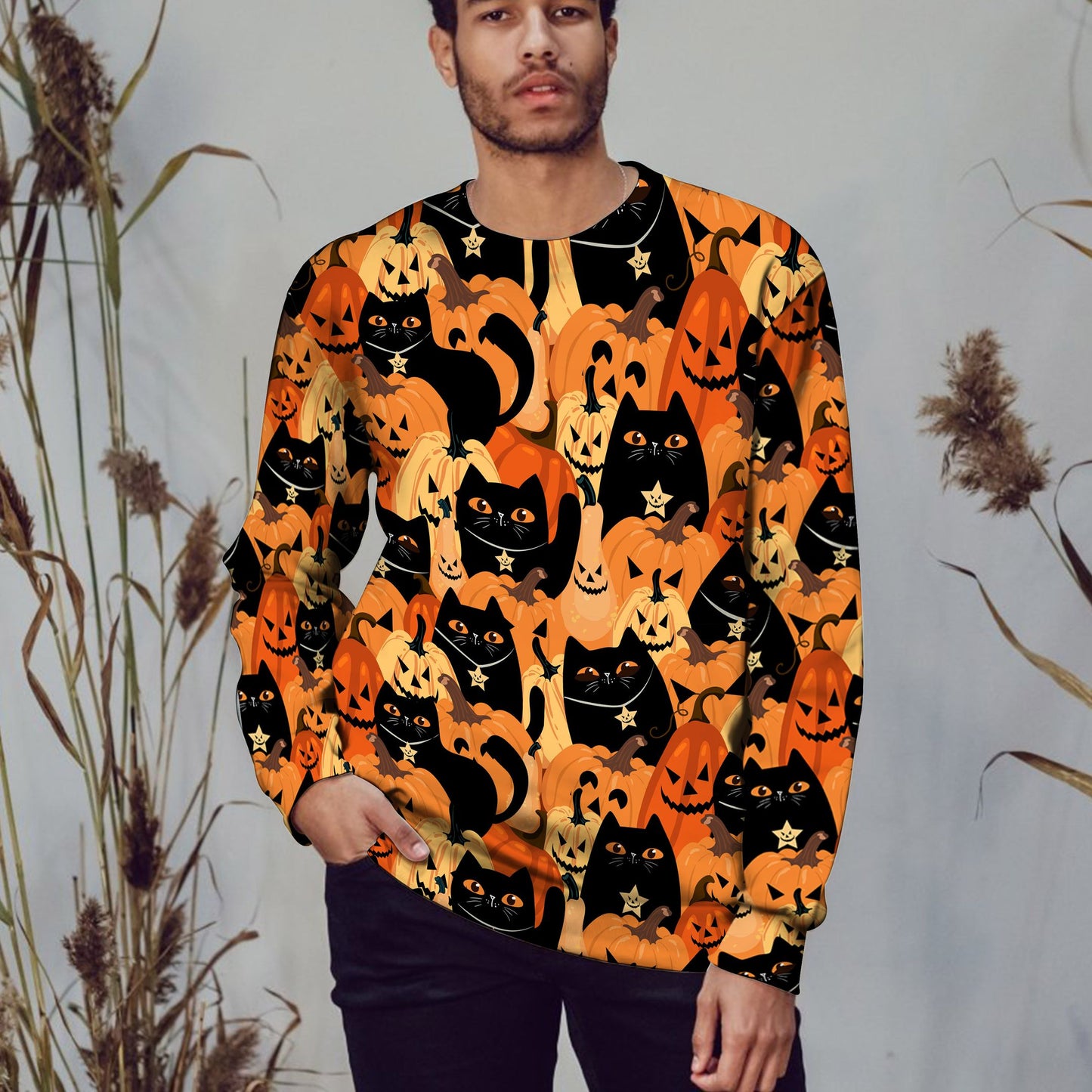 Black Cat Pumpkin T109 - All Over Print Halloween Sweater