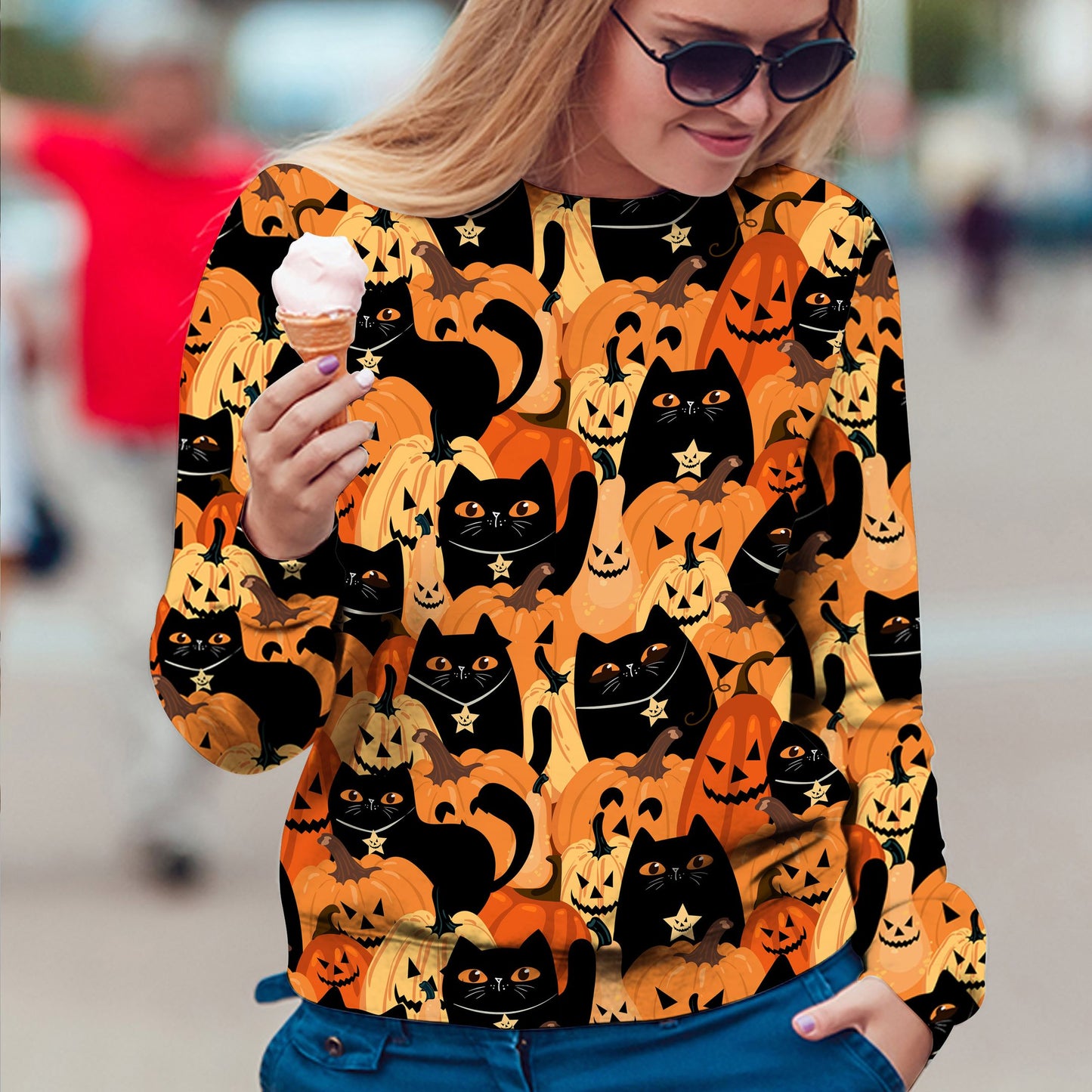 Black Cat Pumpkin T109 - All Over Print Halloween Sweater