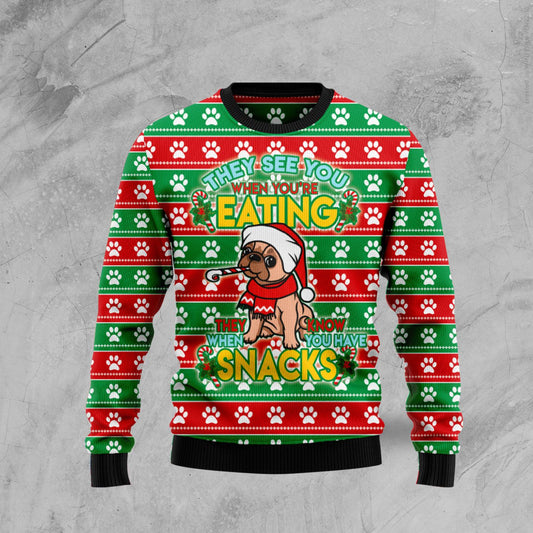 French Bulldog See You Eating Snacks HZ92311 Ugly Christmas Sweater unisex womens & mens, couples matching, friends, funny family sweater gifts (plus size available)