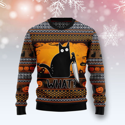 Black Cat What TY299 Halloween Sweater