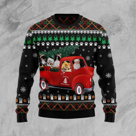 Pomeranian and Red Truck D3009 Ugly Christmas Sweater