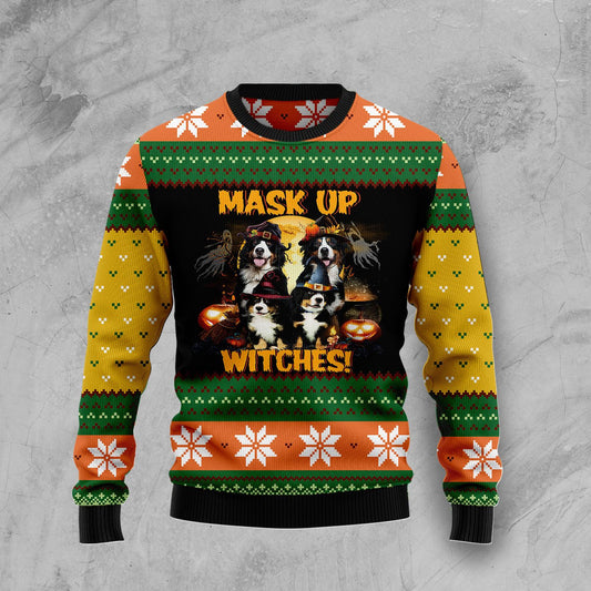 Bernese Mountain Dog Mask Up Witches T210 Halloween Sweater