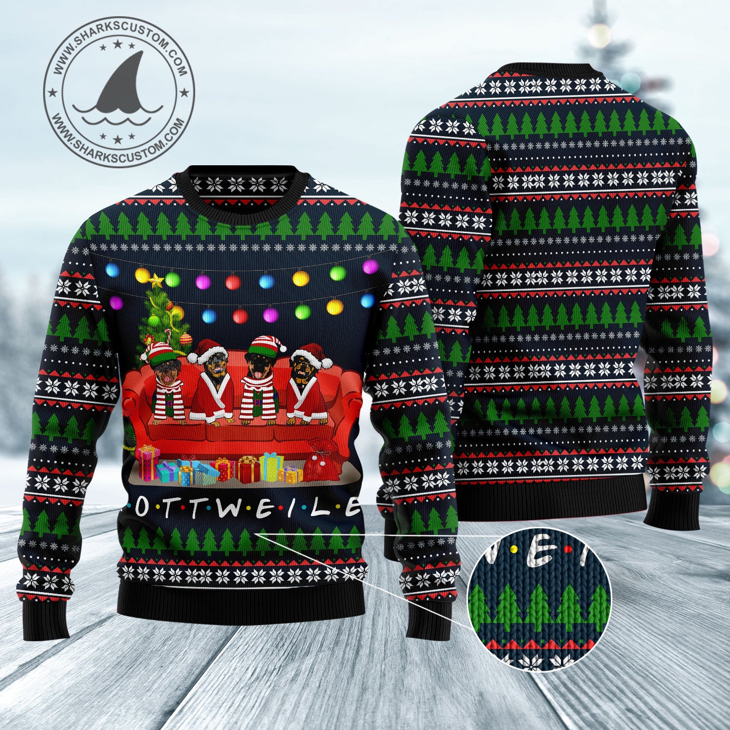 Rottweiler Friends On Red Sofa HZ102115 Ugly Christmas Sweater