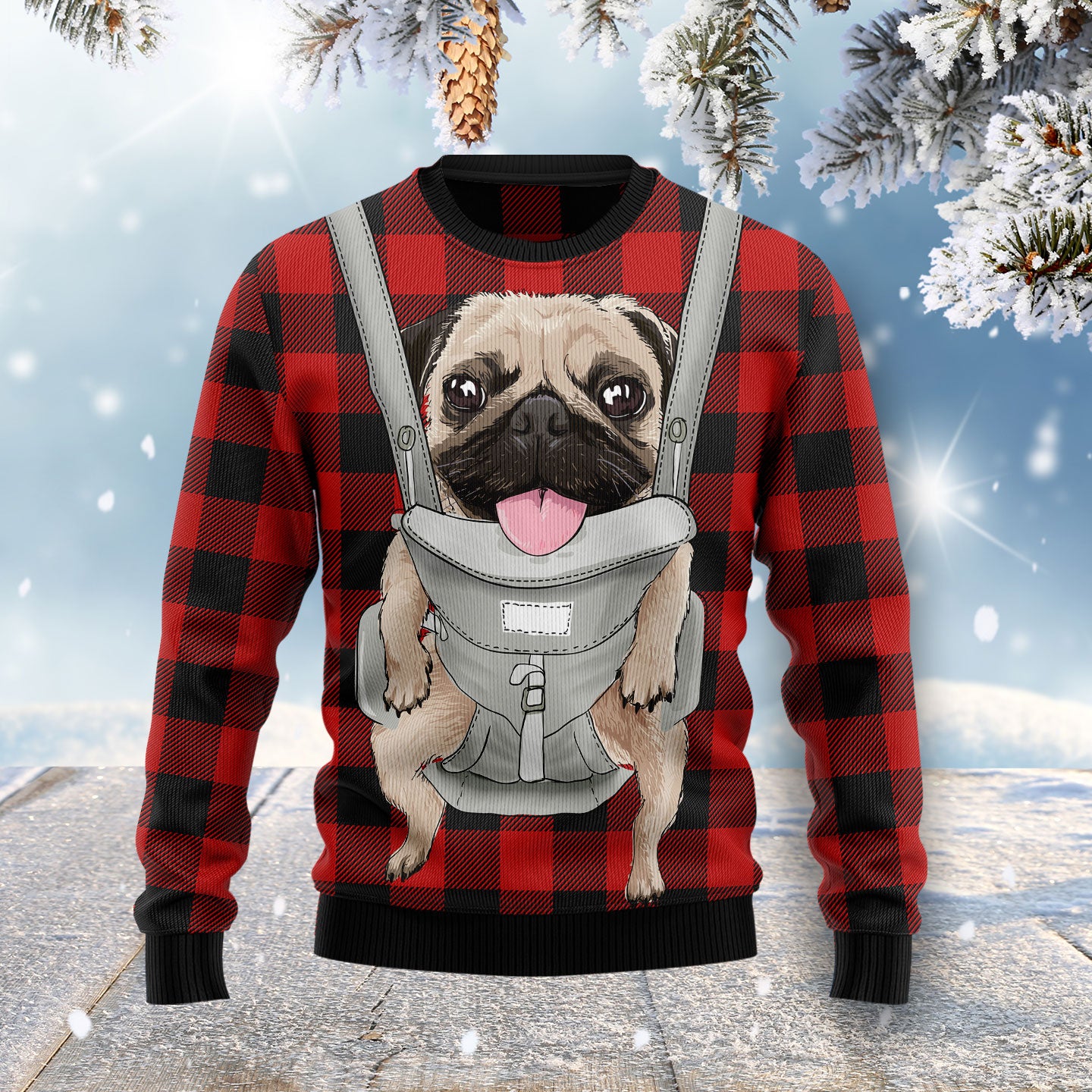 Front Carrier Dog Pug HZ102605 Ugly Christmas Sweater unisex womens & mens, couples matching, friends, funny family sweater gifts (plus size available)